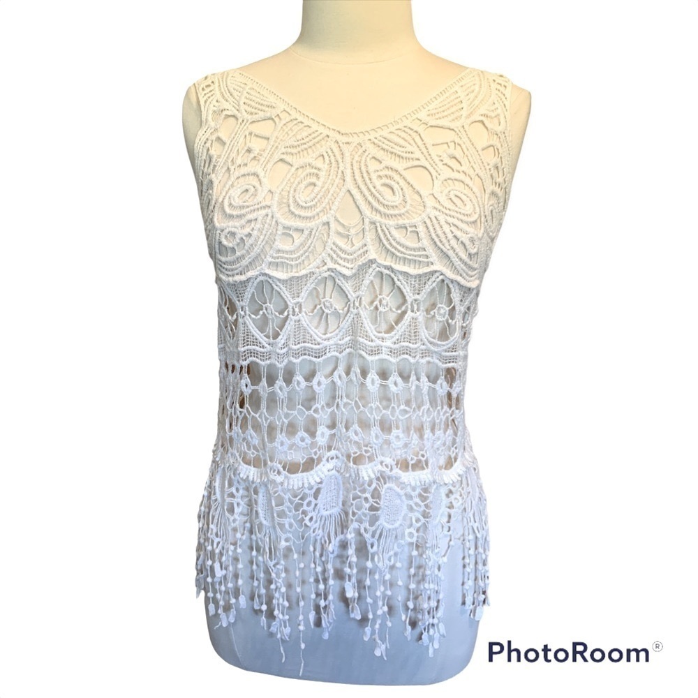 Lovely 153 Cotton Lace with Fringe Hem Tank Size Small​​​​​​​​​​​​​​​​​​